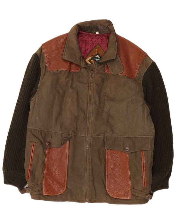 Vintage hombres punto chaqueta de cuero Reino Unido 42 XL Caqui Colorblock Clásico