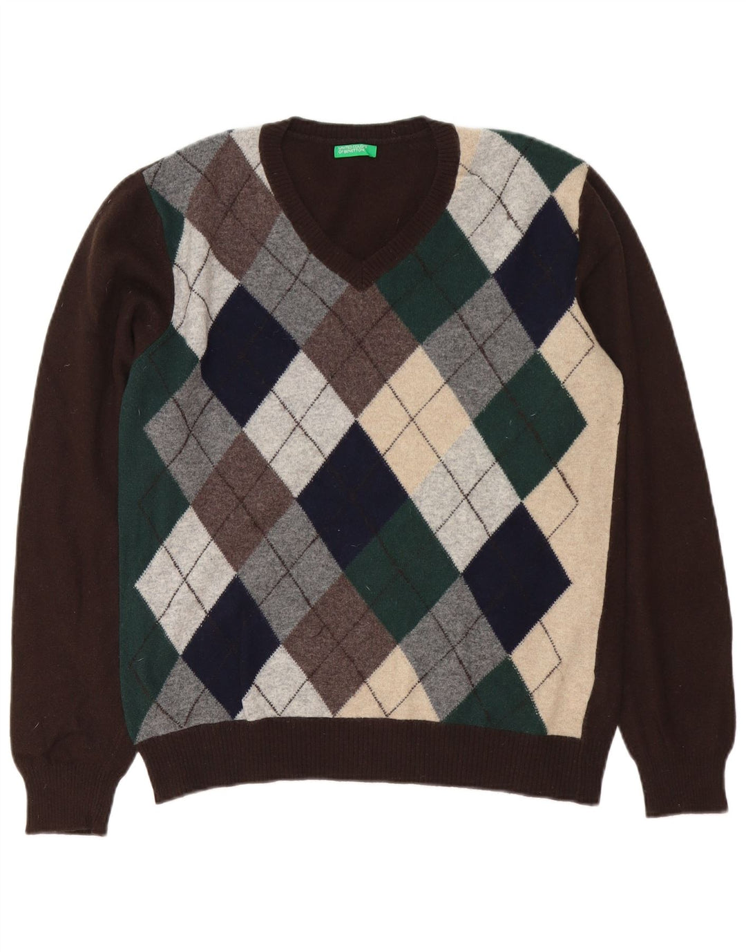 Benetton Jersey Con Cuello En V Marrón Medio Argyle/Lana Diamante