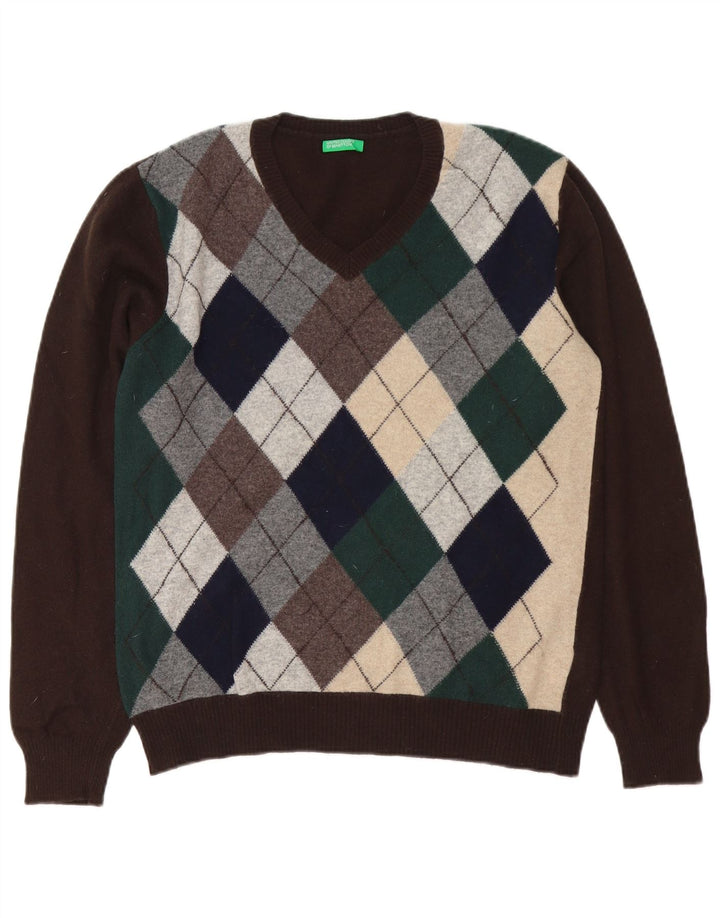 Benetton Jersey Con Cuello En V Marrón Medio Argyle/Lana Diamante