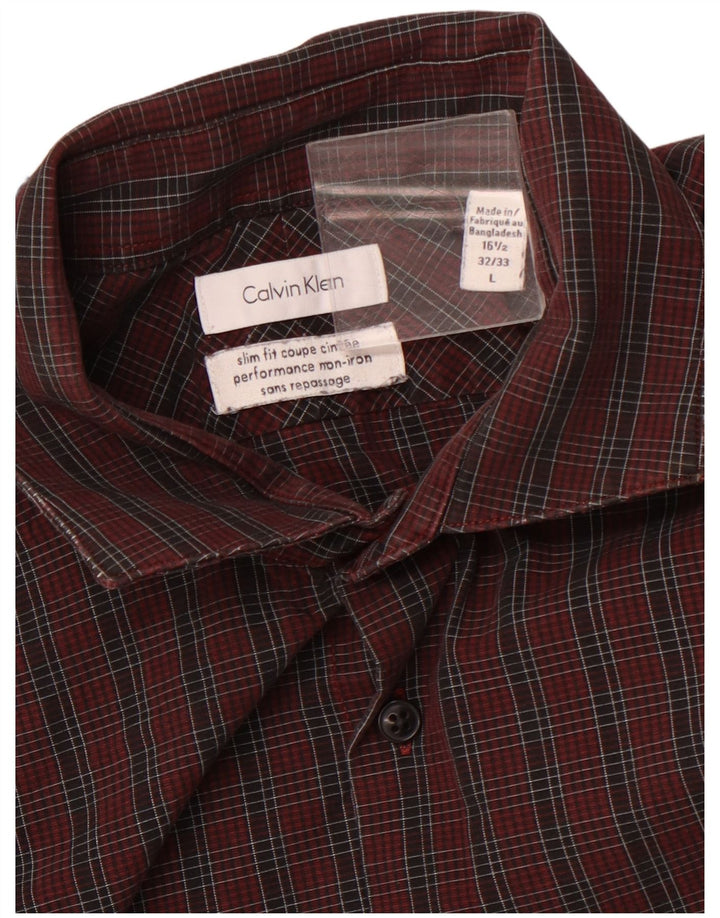 CALVIN KLEIN Camisa de franela ajustada para hombre Talla 16 1/2 Grande Cuadros burdeos