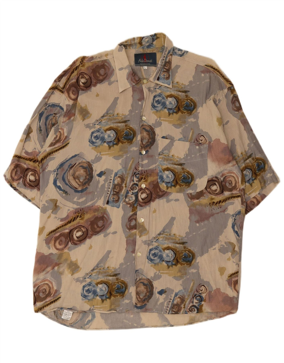 Vintage hombres patrón abstracto camisa de manga corta lino beige grande