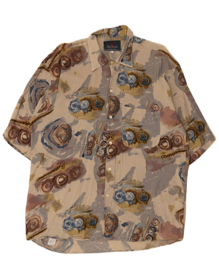 Vintage hombres patrón abstracto camisa de manga corta lino beige grande