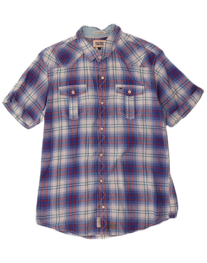 Camisa Tommy Hilfiger Hombre De Manga Corta Con Estampado De Algodón A Cuadros Azul Medio