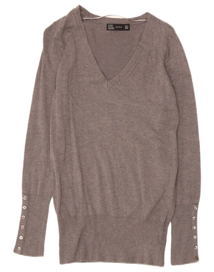 Zara - Jersey con cuello en V para mujer, talla 40, talla pequeña, rayón gris