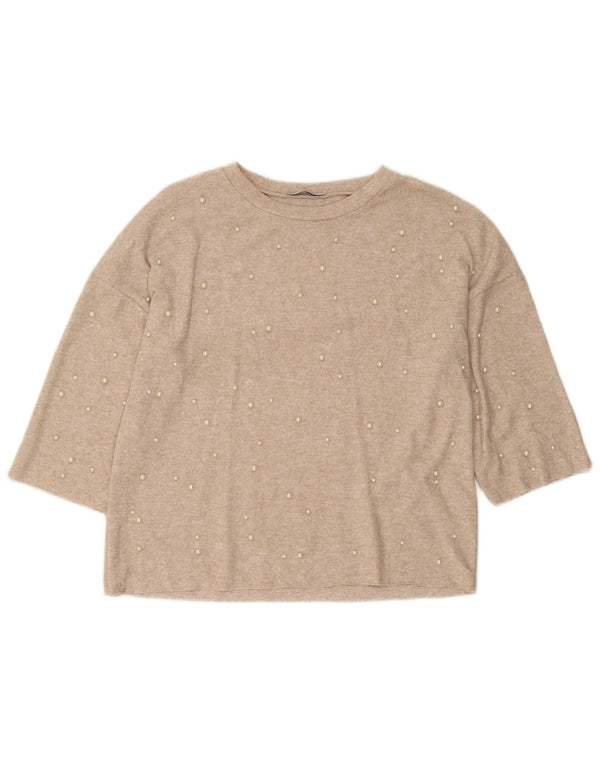 Zara Mujer Trafaluc Jersey Top Manga 3/4 UK 10 Small Beige Moteado