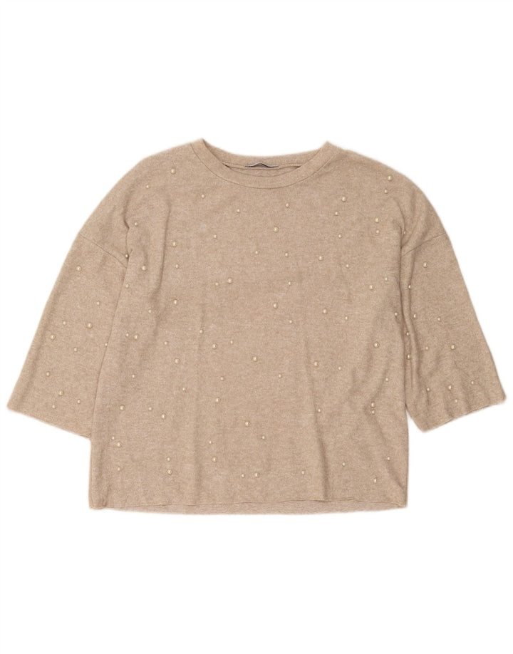Zara Mujer Trafaluc Jersey Top Manga 3/4 UK 10 Small Beige Moteado