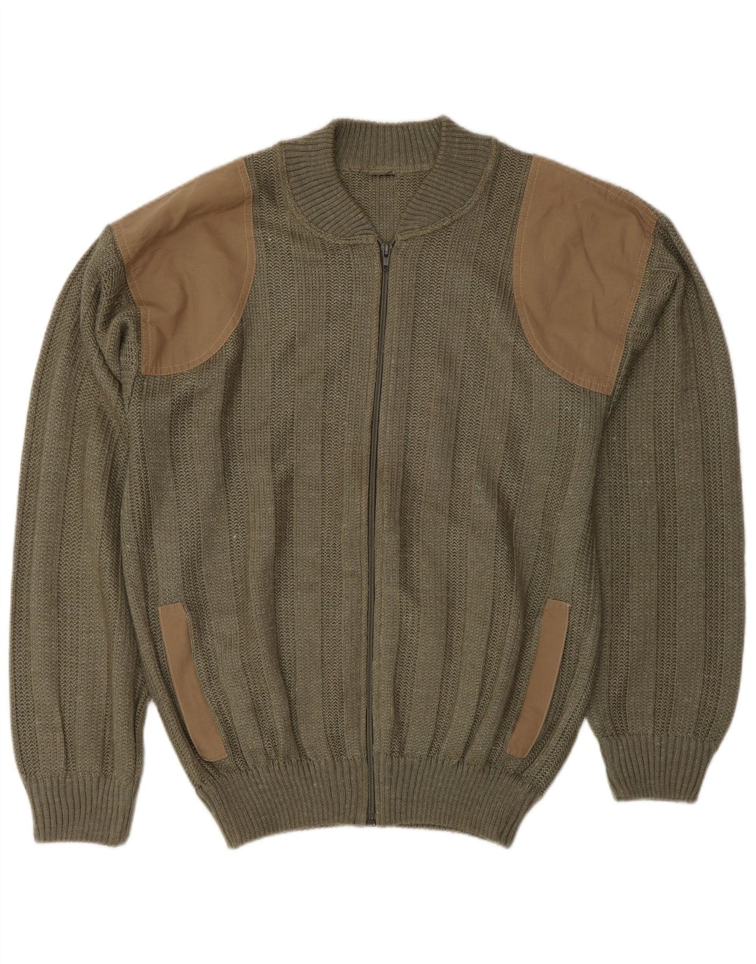 Vintage hombres cardigan suéter medio caqui colorblock acrílico