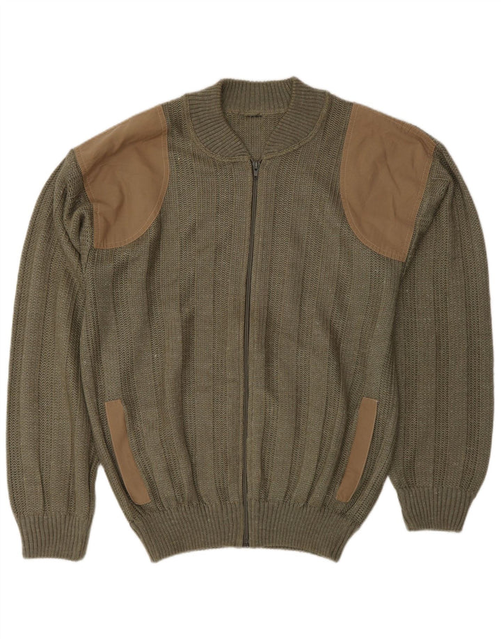 Vintage hombres cardigan suéter medio caqui colorblock acrílico