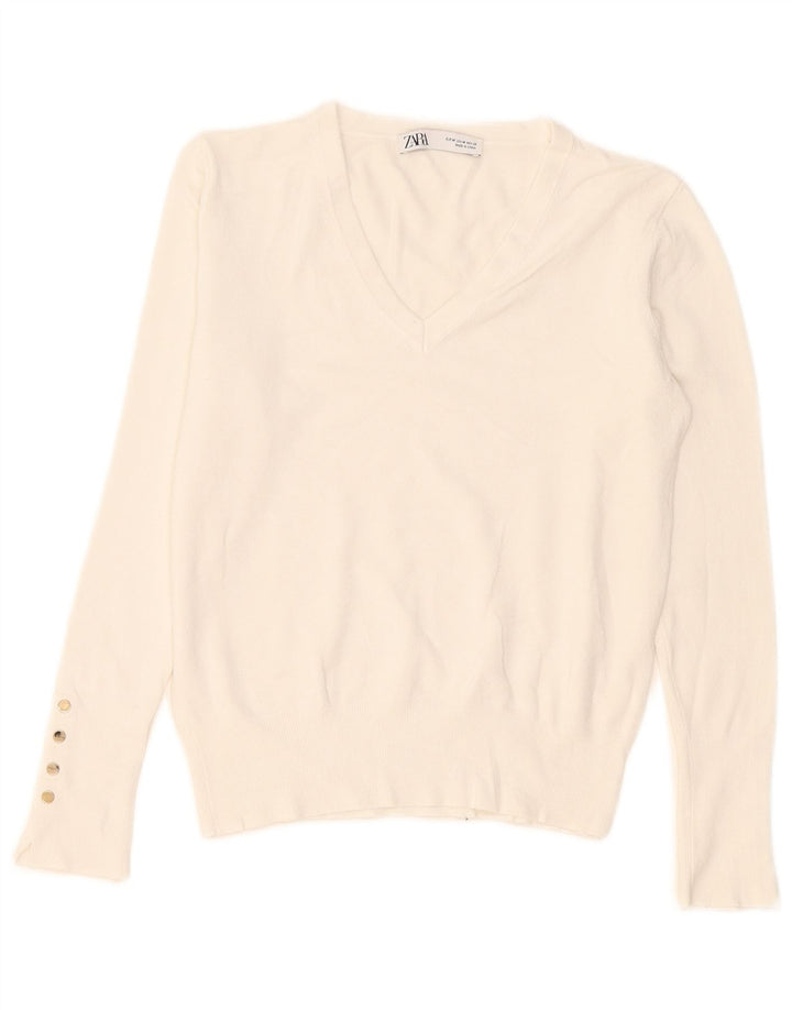 Zara - Jersey con cuello en V para mujer, talla 40, talla mediana, color blanco