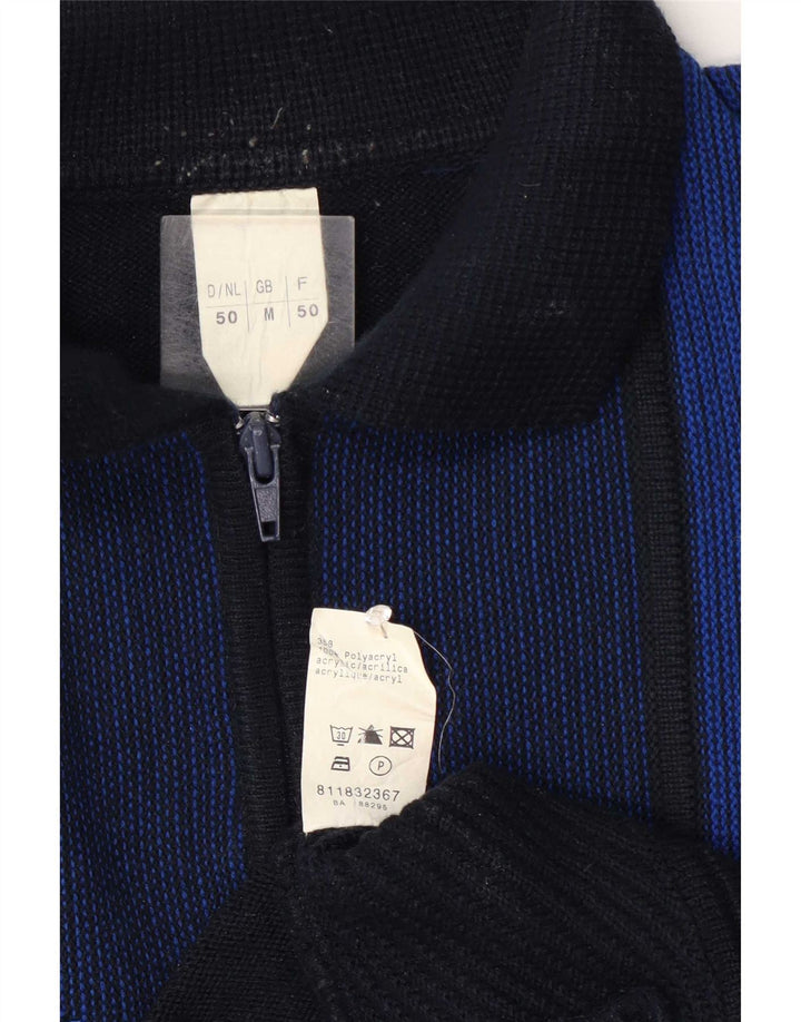 Vintage hombres polo cuello jersey suéter medio azul marino rayas poliacrílico