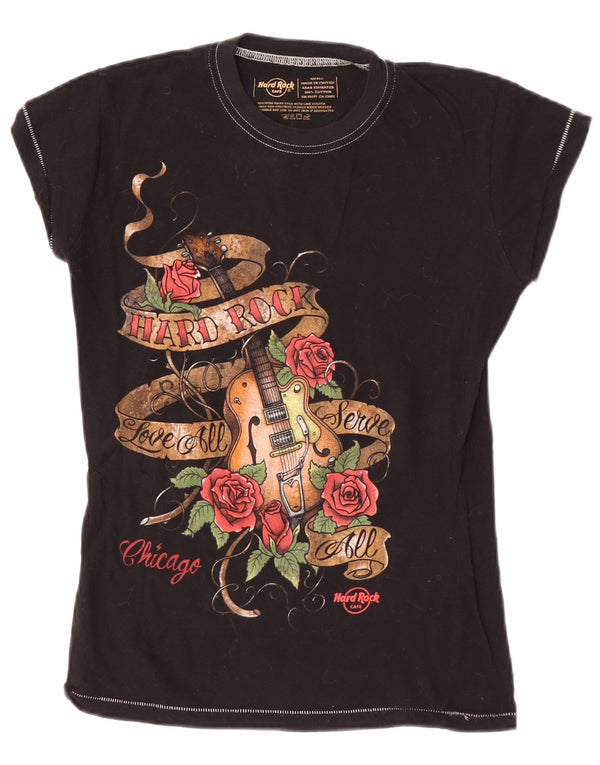 Hard Rock Cafe Mujer Chicago Graphic Camiseta Top UK 8 Small Algodón Negro