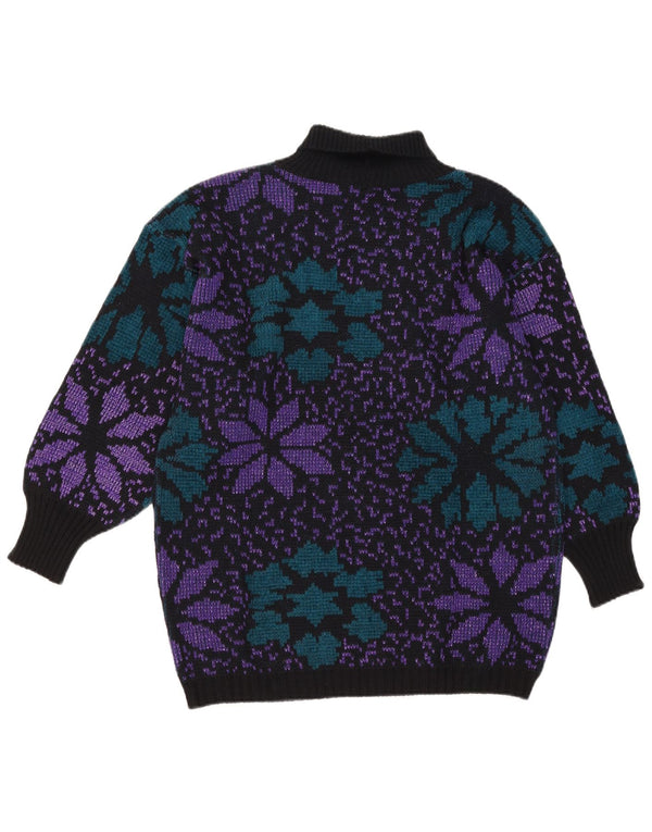 Vintage mujer rollo cuello jersey suéter Reino Unido 16 grande negro floral
