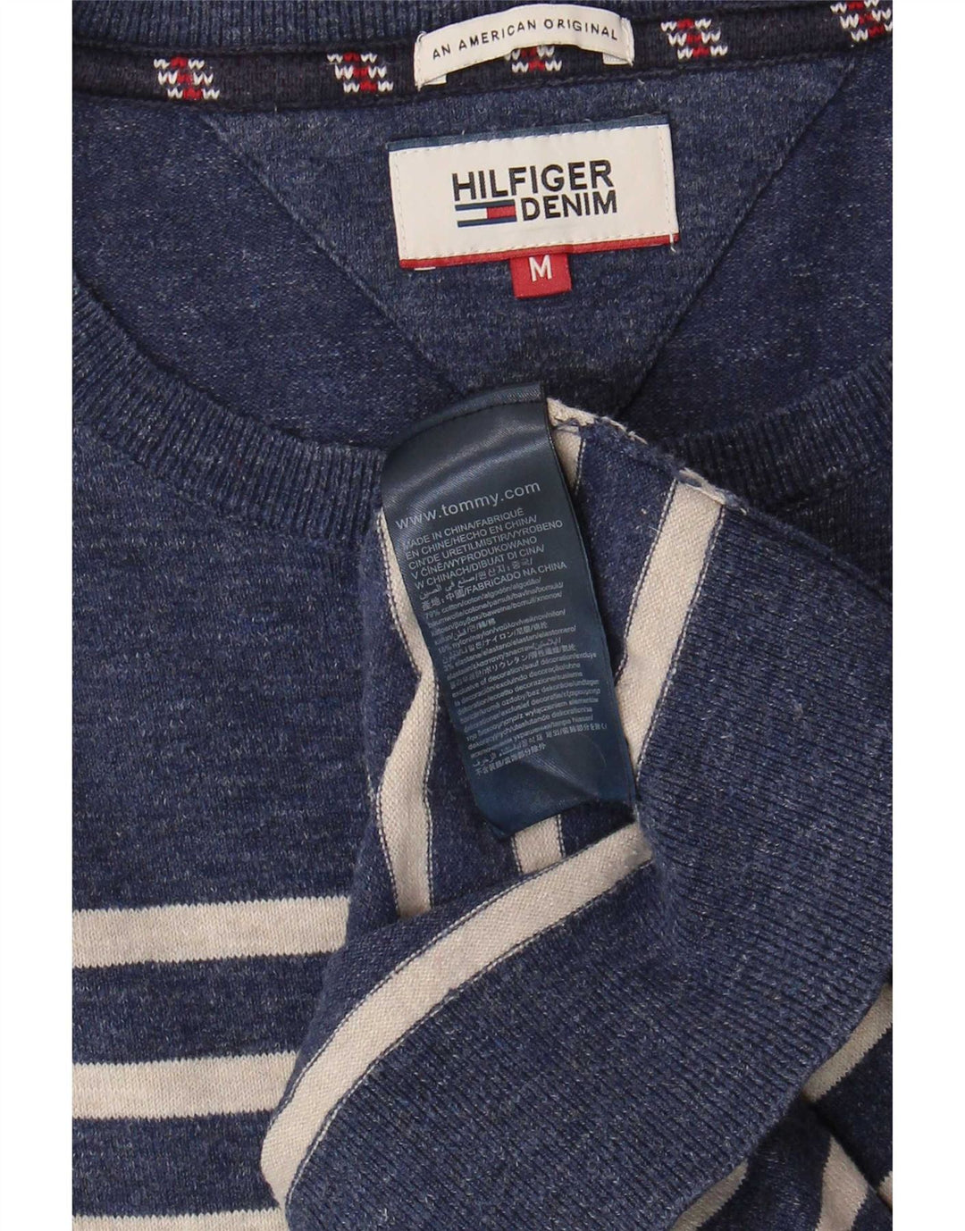 Tommy Hilfiger Jersey con Cuello Barco para Hombre, Jersey de Rayas Azul Marino Mediano