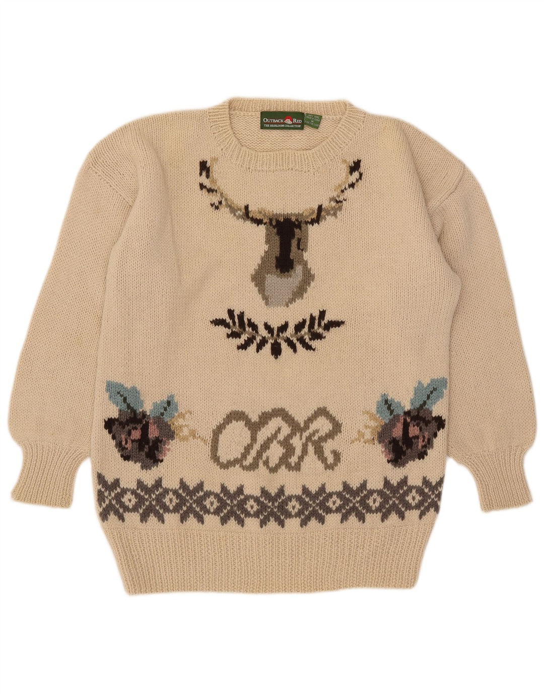 Suéter tipo jersey con cuello redondo y gráfico para hombre Outback Red, color beige medio, Fair Isle