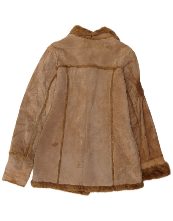 Zara Mujer Chaqueta De Piel De Oveja UK 44 Cuero Beige Medio