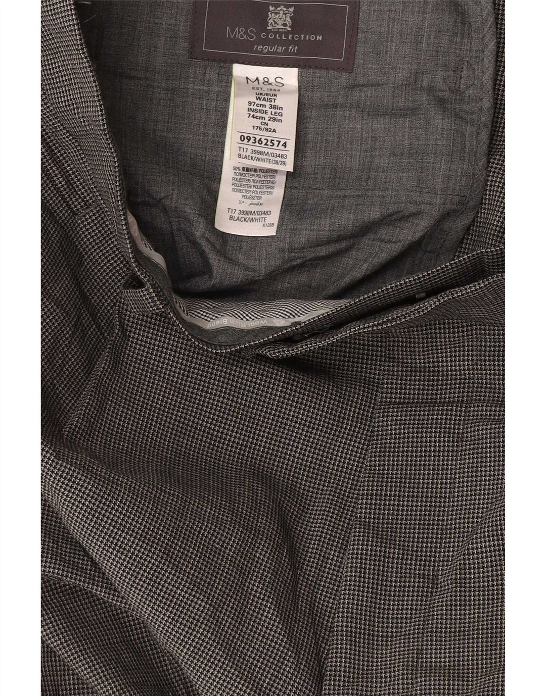 Marks & Spencer Pantalones de traje rectos para hombre W38 L29 gris pata de gallo
