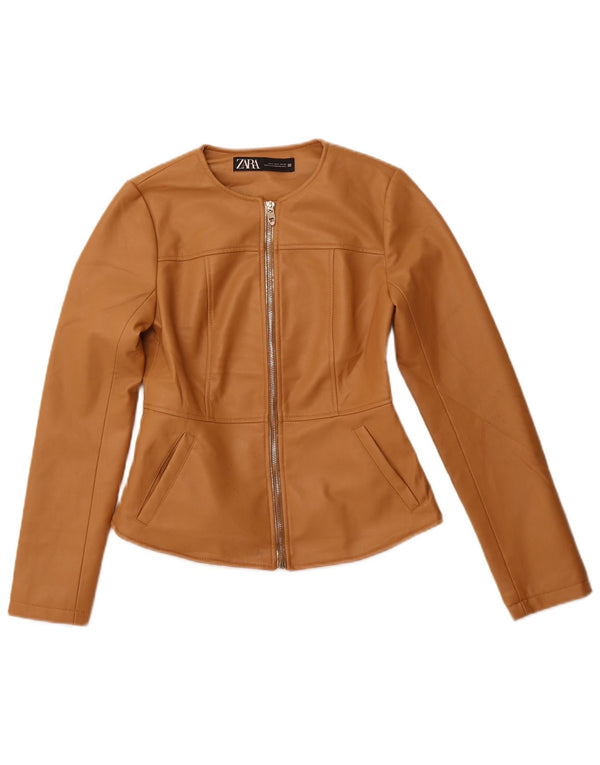 Zara Mujer Crop Chaqueta De Piel Sintética UK 10 Small Beige Poliéster