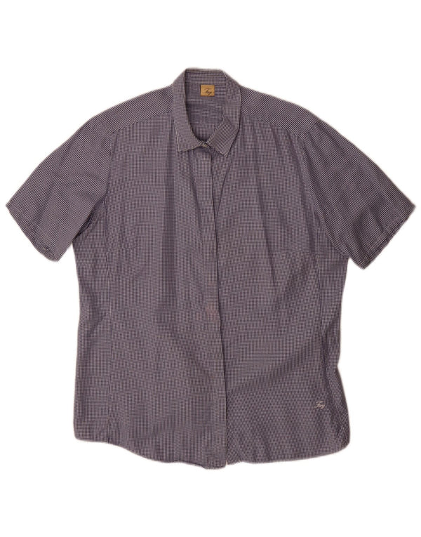 Fay Camisa de Manga Corta para Mujer Regular Fit UK 40 XL Algodón de Pata de Gallo Azul