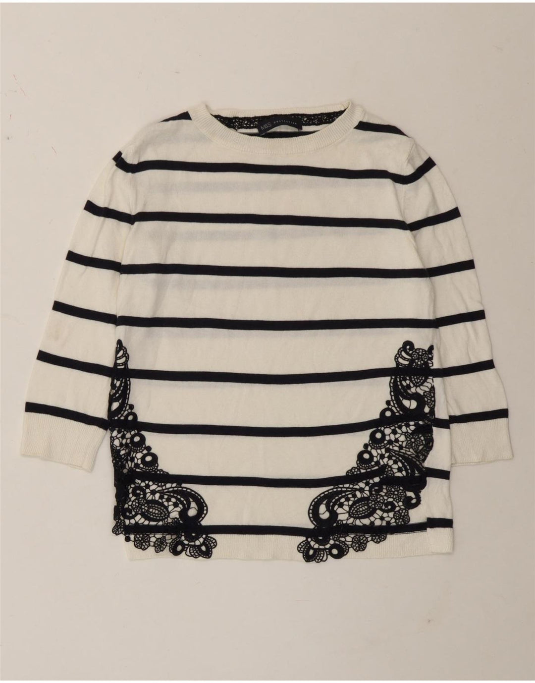 Marks & Spencer Top para mujer manga 3/4 UK 8 Pequeño algodón a rayas blancas