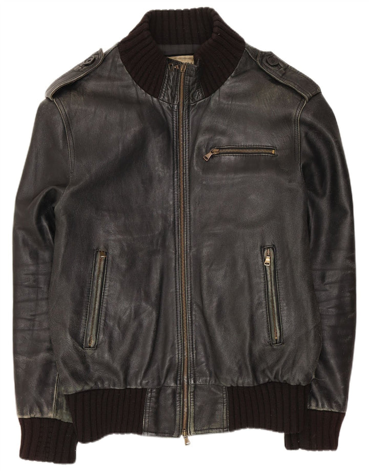 Vintage hombres chaqueta de cuero militar Reino Unido 42 XL cuero negro