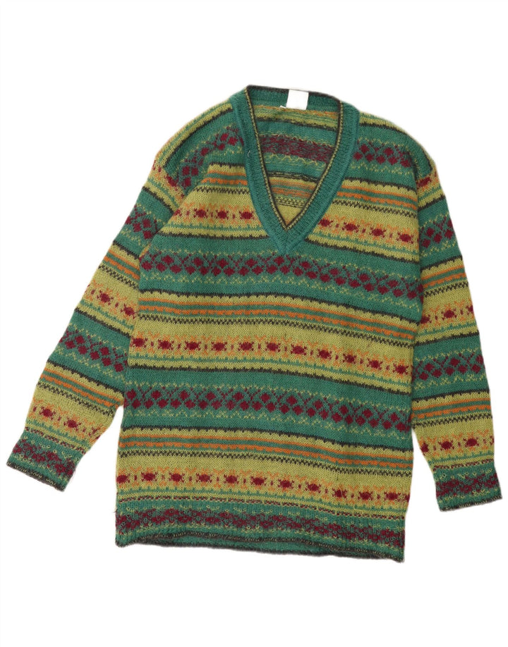 PIU VERONA Suéter con cuello en V para mujer UK 14 Medium Green Fair Isle