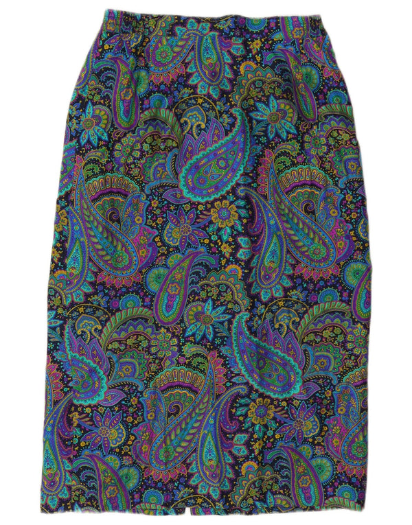 Vintage mujer cintura alta falda midi W28 seda paisley multicolor medio
