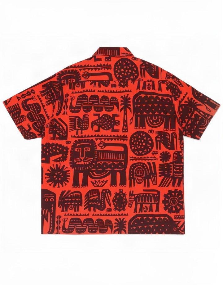 Camisa estilo pulóver de manga corta con estampado abstracto vintage para hombre, grande, rojo