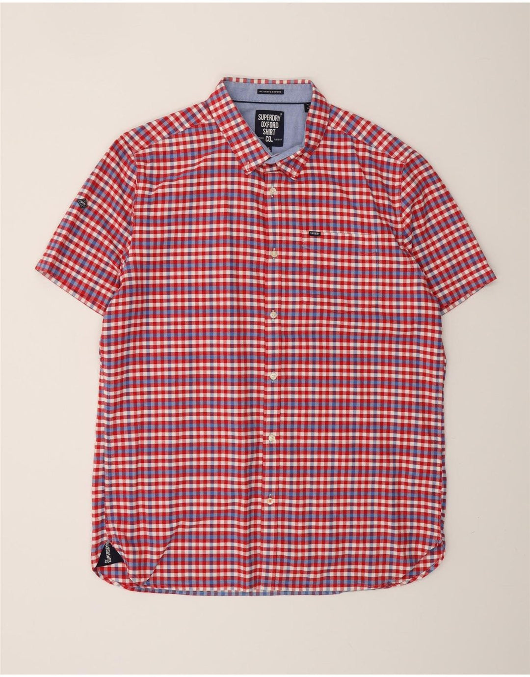 SUPERDRY Camisa de manga corta para hombre 2XL Algodón a cuadros rojos