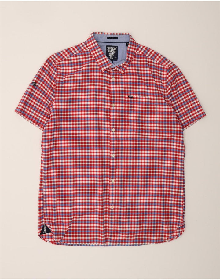 SUPERDRY Camisa de manga corta para hombre 2XL Algodón a cuadros rojos