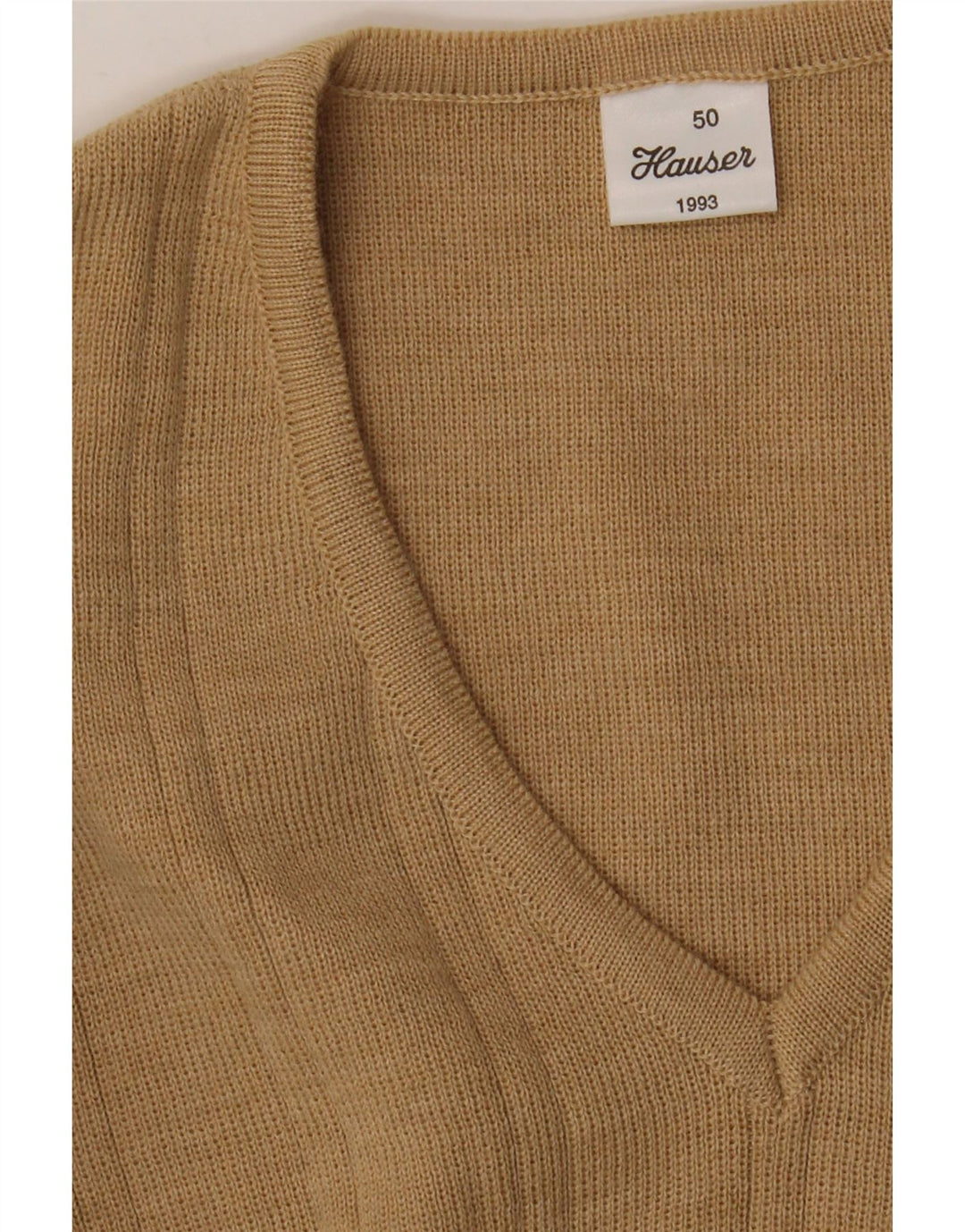 Vintage hombres V-cuello jumper suéter IT 50 medio beige acrílico