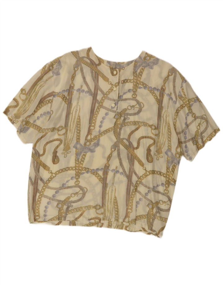 VINTAGE Mujer Patrón Abstracto Blusa Top Reino Unido 16 Acrílico Beige Grande