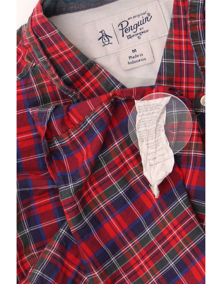 Camisa Penguin Hombre Manga Corta Algodón Cuadros Rojo Mediano