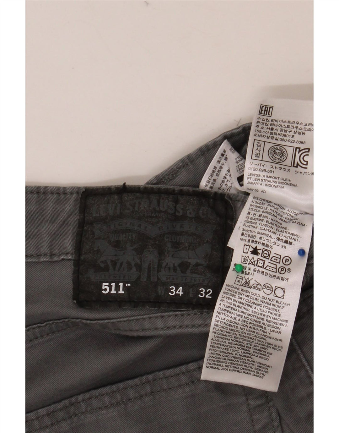 LEVI'S Mens 511 Slim Chino Pantalones W34 L32 Algodón Gris