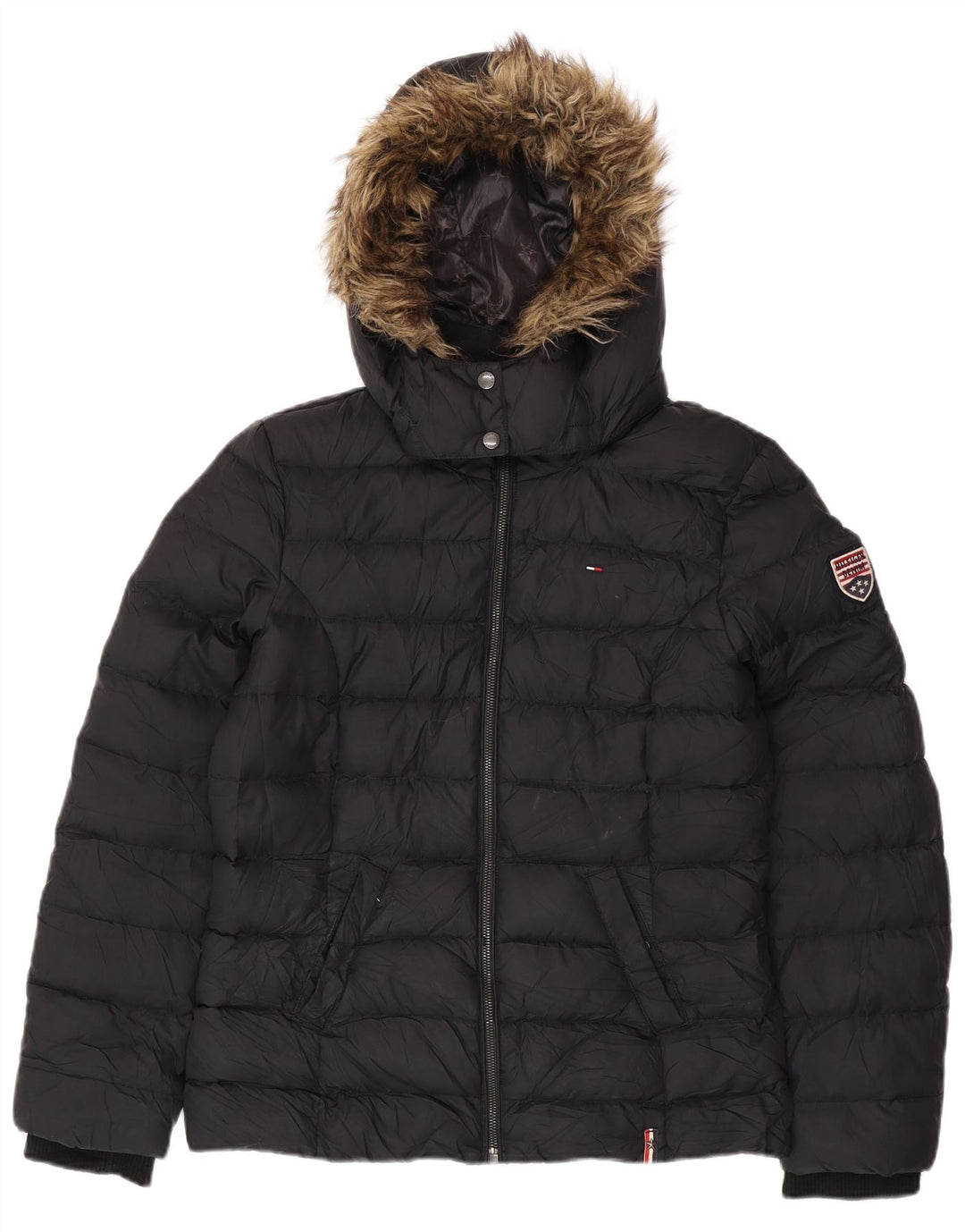 TOMMY HILFIGER Chaqueta acolchada con capucha para mujer UK 46 Grande Poliéster negro