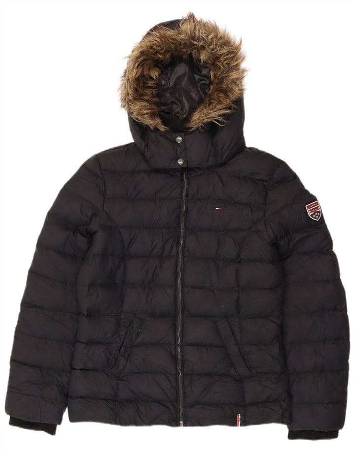 TOMMY HILFIGER Chaqueta acolchada con capucha para mujer UK 46 Grande Poliéster negro
