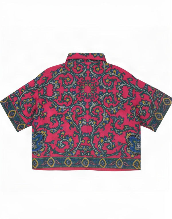 Vintage mujer crop manga corta camisa blusa Reino Unido 10 pequeño rosa Paisley