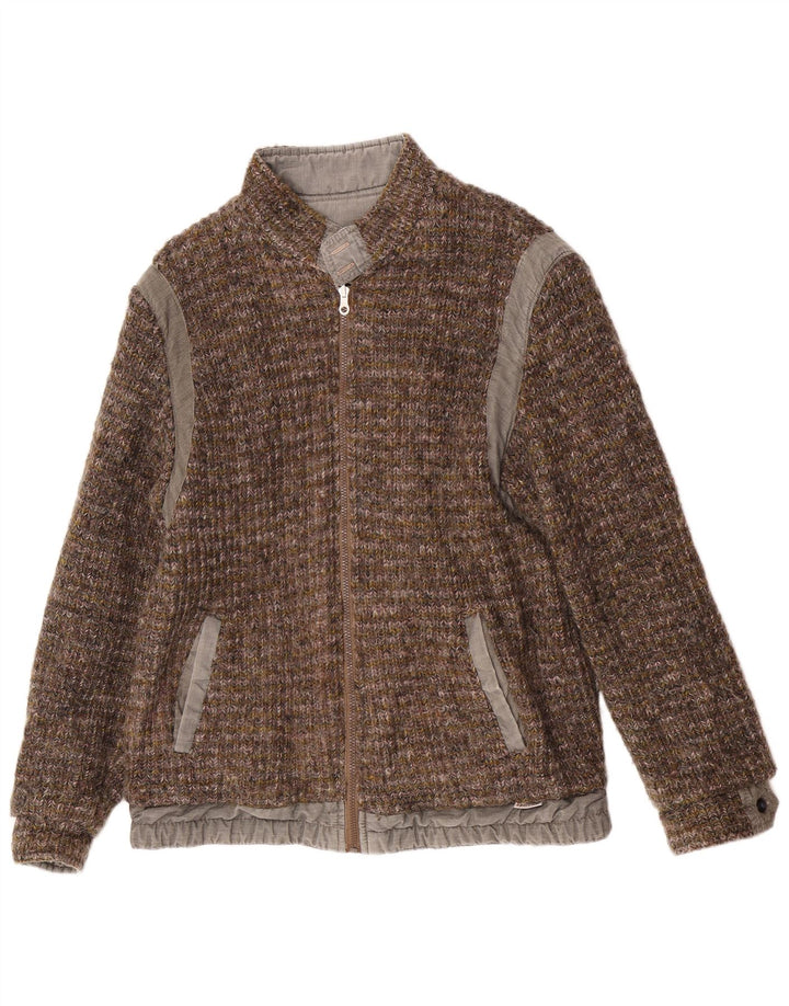 Vintage hombres punto reversible bomber chaqueta IT 46 pequeña lana marrón
