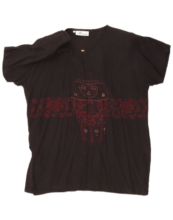 Vintage mujer gráfico blusa de gran tamaño Top Reino Unido 14 Medio Negro Floral