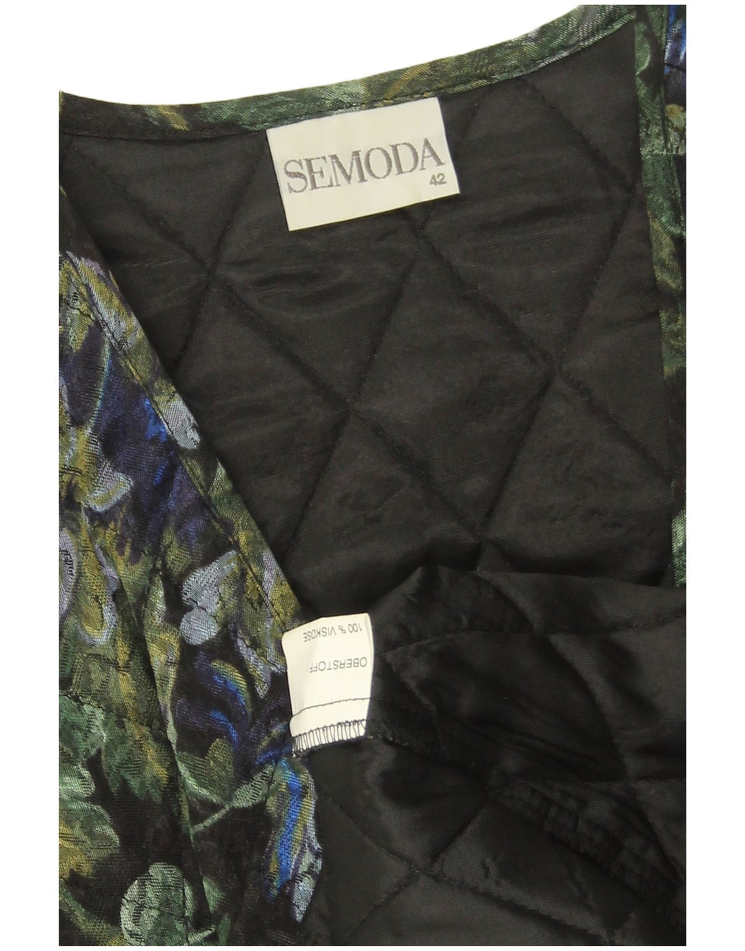 VINTAGE Chaleco acolchado abierto para mujer EU 42 Viscosa floral negra grande