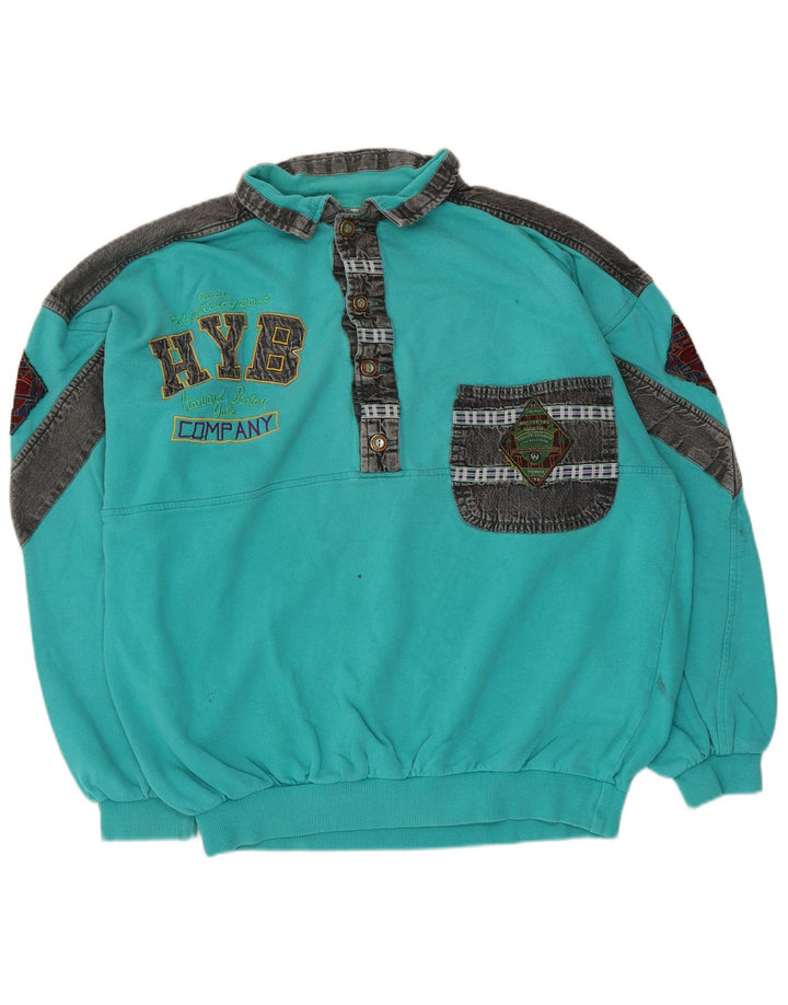 Vintage hombres sudadera gráfica jumper grande color turquesa