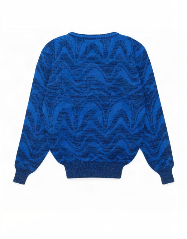Vintage hombres cuello redondo jersey suéter IT 52 acrílico geométrico azul grande