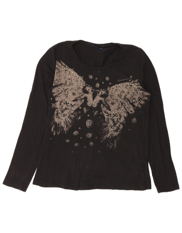 Trussardi Jeans Mujer Top Gráfico Manga Larga UK 44 Grande Algodón Negro