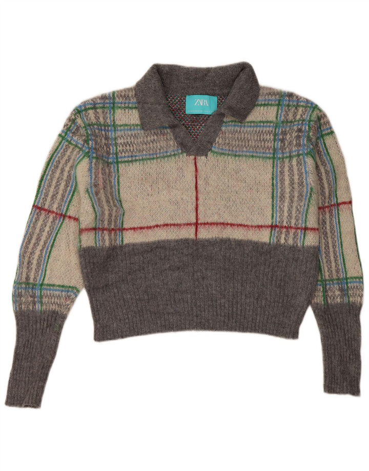 Zara Suéter Corto De Gran Tamaño Con Cuello Polo Para Mujer UK 44 Medium Grey Check