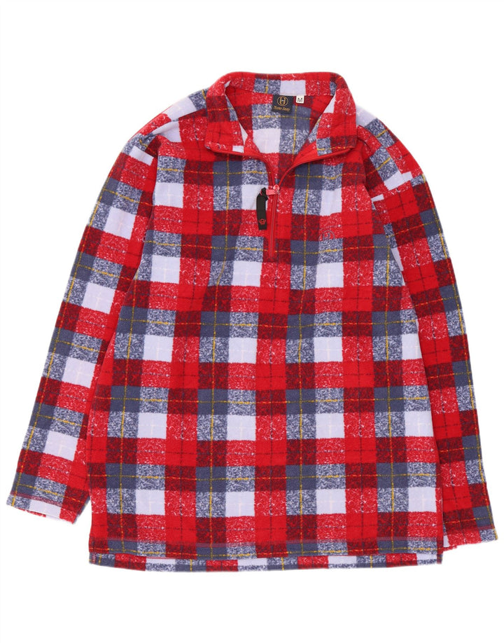 Vintage hombres zip cuello polar jumper medio rojo cuadros poliéster