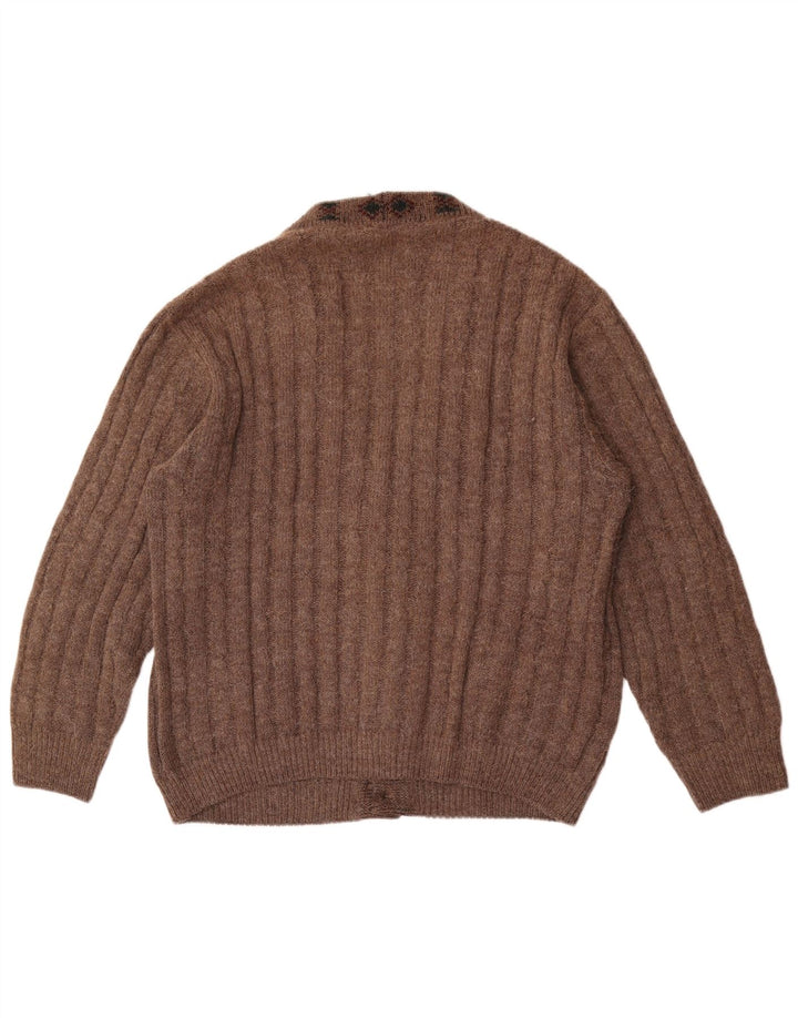Vintage hombres Cardigan suéter grande marrón geométrico