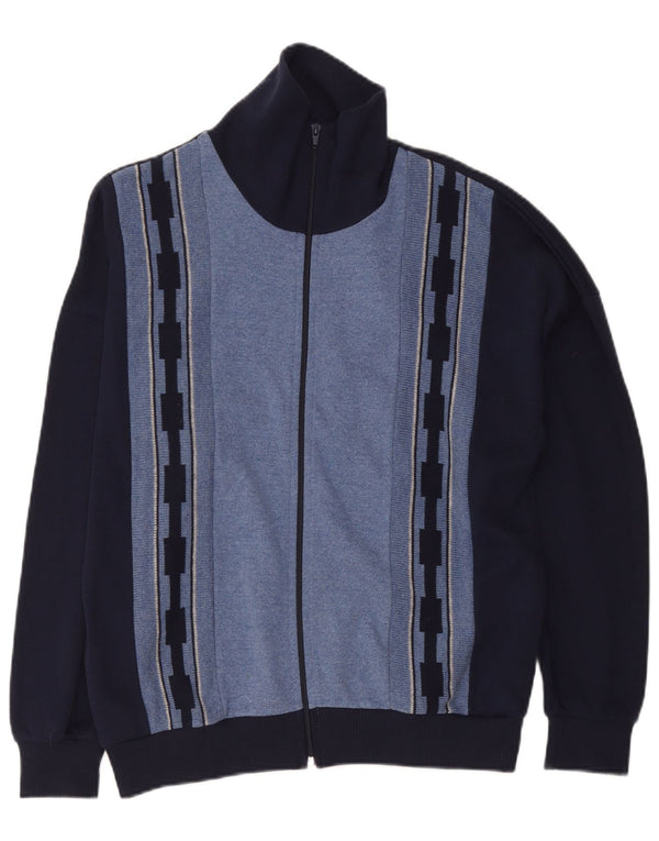 Vintage hombres Cardigan suéter EU 50 medio azul marino colorblock algodón