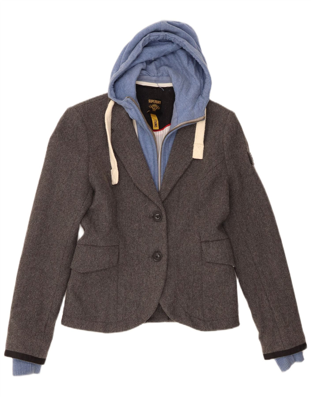 Superdry Chaqueta tipo blazer con capucha y 2 botones para mujer, talla 40, talla pequeña, lana gris