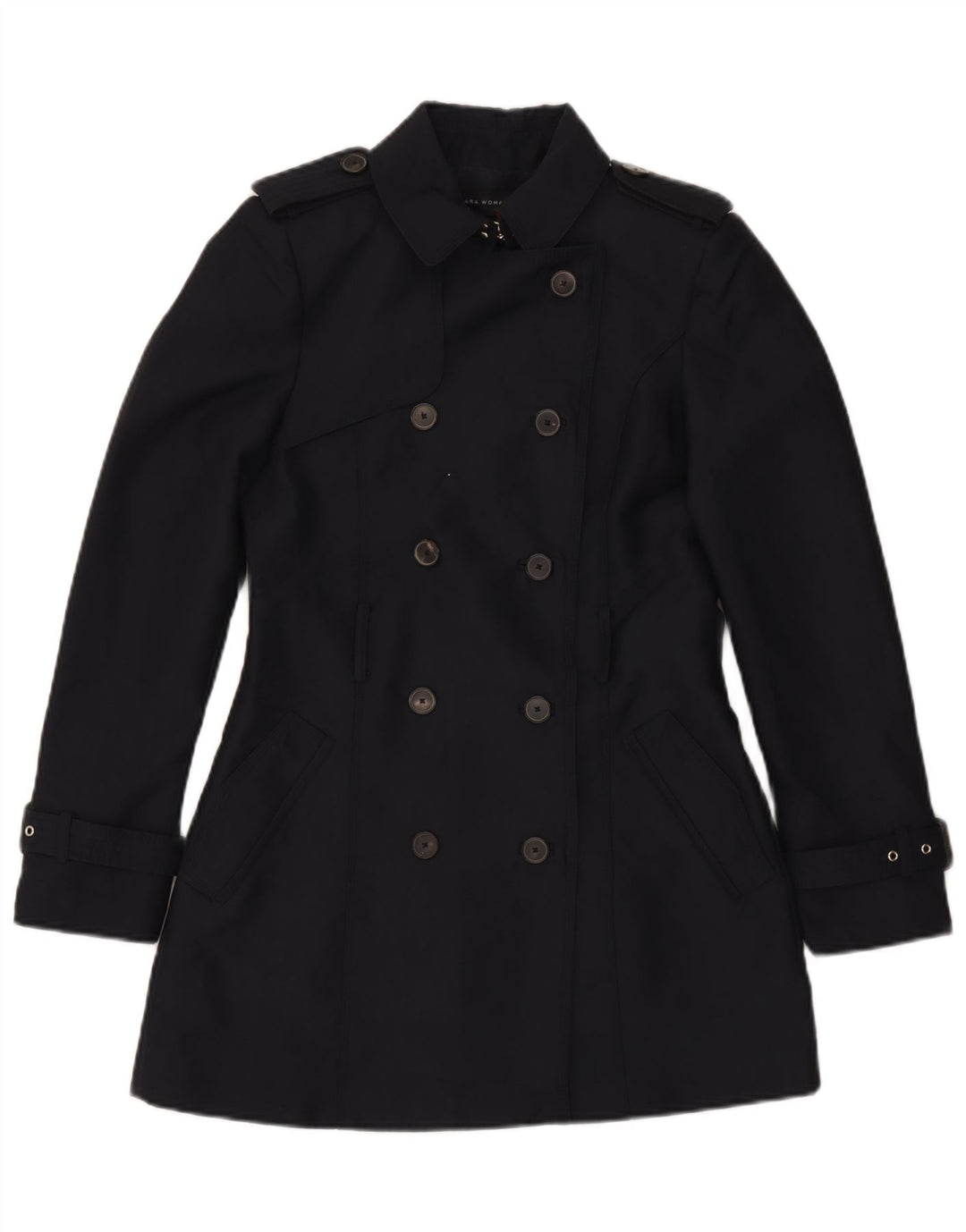 Zara Mujer Gabardina De Doble Botonadura UK 10 Small Poliéster Azul Marino