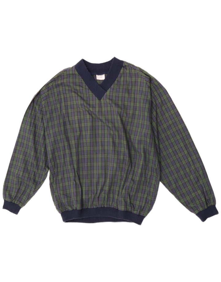 Vintage hombres pullover chándal top XL azul marino comprobar poliéster