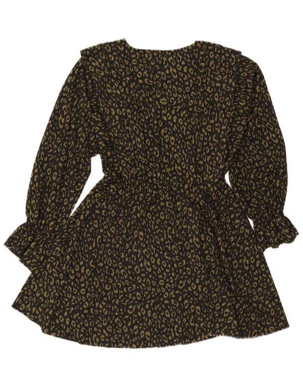 Zara Mujer Vestido Acampanado De Manga Larga UK 46 Grande Estampado Animal Negro